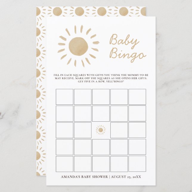 Personalised Watercolor Yellow Sunshine Baby Bingo (Front/Back)