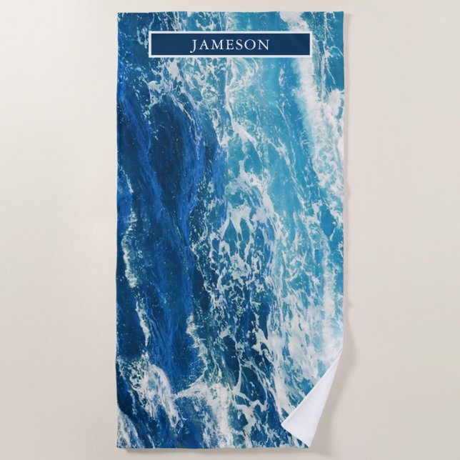 Personalised Wavy Blue Sea Beach Towel (Front)