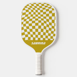 Personalised Wavy Chequered   Golden and White Pickleball Paddle