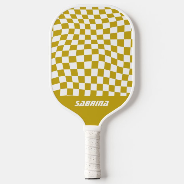 Personalised Wavy Chequered | Golden and White Pickleball Paddle (Front)