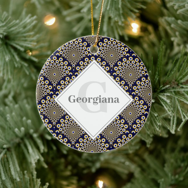 Personalised We Are Watching You Navy & Gold Deco Ceramic Ornament (Tree)