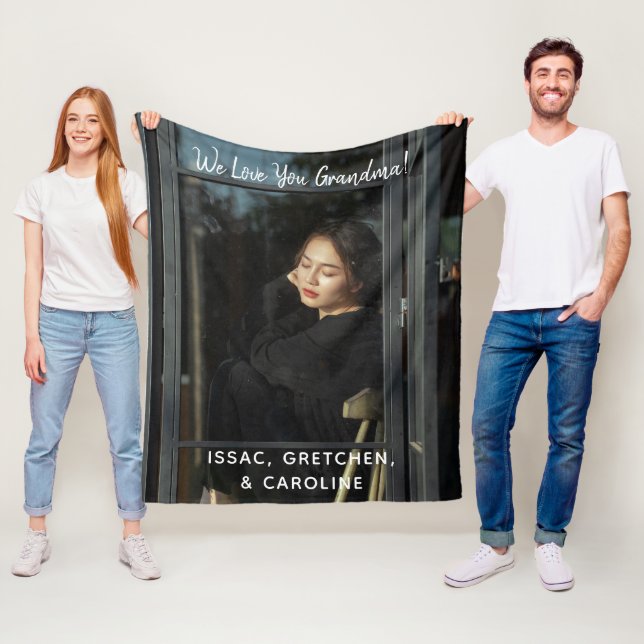 Personalised We Love You Grandma Photo Script Fleece Blanket (In Situ)