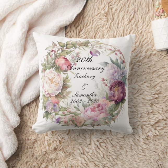 Personalised Wedding Anniversary Peony Wreath Cushion (Blanket)