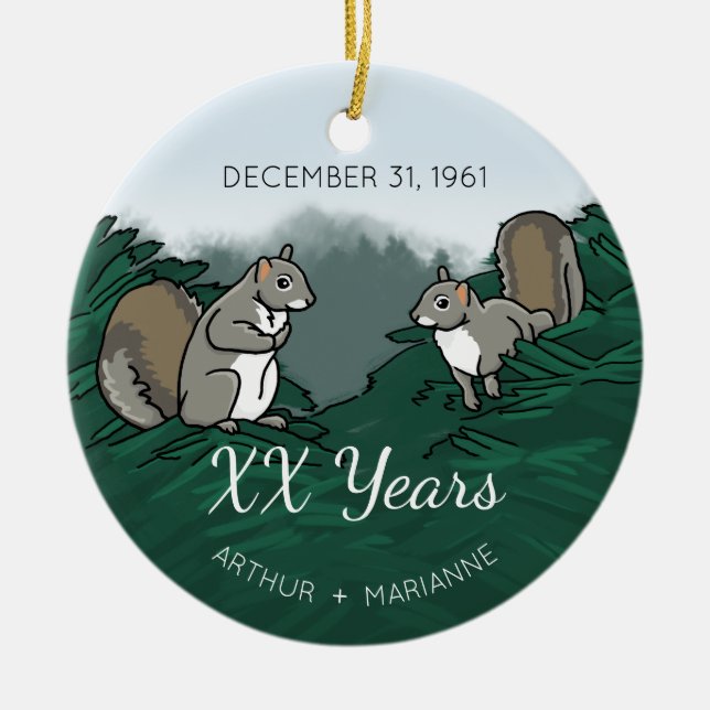 Personalised Wedding Anniversary Squirrels Ceramic Ornament (Front)