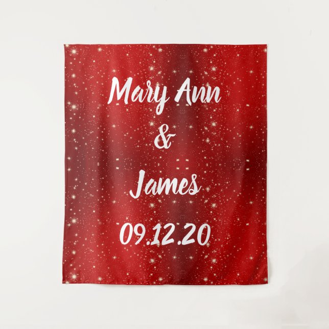 Personalised Wedding Backdrop Red Gold Lights Tapestry (Front)
