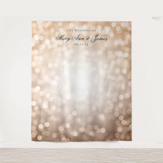 Personalised Wedding Backdrop Rose Gold Lights Tapestry (Front)