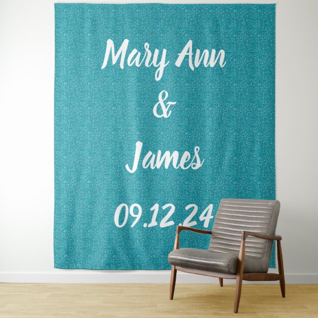 Personalised Wedding Backdrop Teal Green Tapestry (In Situ)