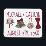 Personalised Wedding Bell Flowers Bowtie Bouquet Magnet<br><div class="desc">Magnet design features an original illustration of a row of classic wedding designs including a bell,  bowtie,  flower bouquet and boutonniere. Just personalise with your information.

Don't see exactly what you're looking for? Contact Rebecca to have a product customised just for you!</div>