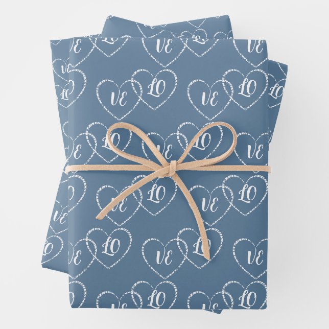 Personalised Wedding Blue & White Heart Charms Wrapping Paper Sheet (In situ)