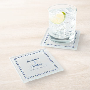 Personalised Wedding Bride & Groom Blue White Glass Coaster