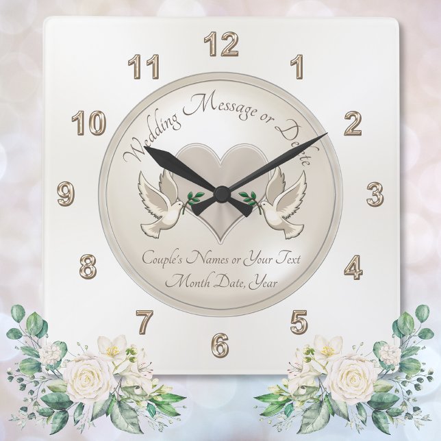 Personalised Wedding Clock Love Bird Wedding Gifts (Elegant, Love Birds and Heart, personalized wall clock wedding gift. for bride and groom. Clock.)
