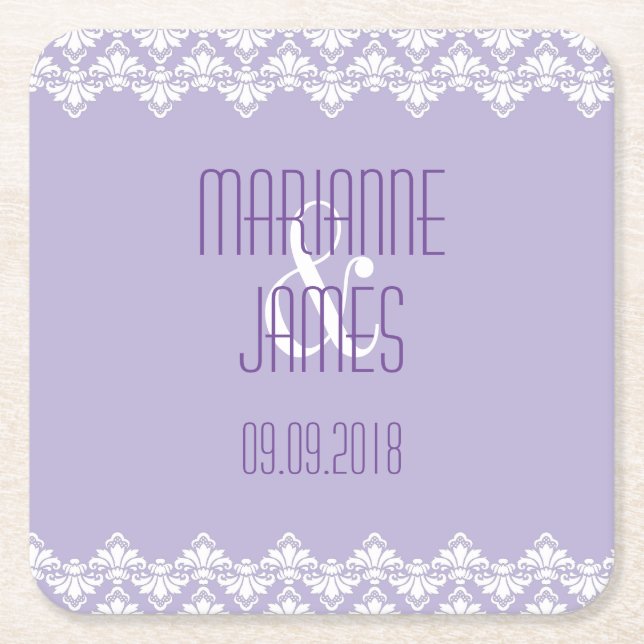 Personalised Wedding Coaster Lilac Purple Damask (Front)