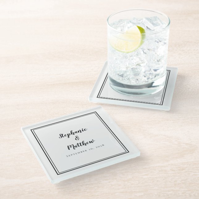 Personalised Wedding Couple Keepsake Black & White Glass Coaster (Angled)
