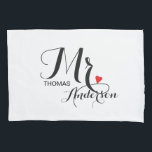 Personalised Wedding Couple - Mister with Heart Pillowcase<br><div class="desc">One half of the perfect Mr. and Mrs. - Reverse His and Hers honeymooner pillowcase in stylish black script text - shown on white linen background. Customise the newlywed's last name, first name, wedding date, or change the colours, add monogram initials, or romantic saying to create a truly unique personalised...</div>