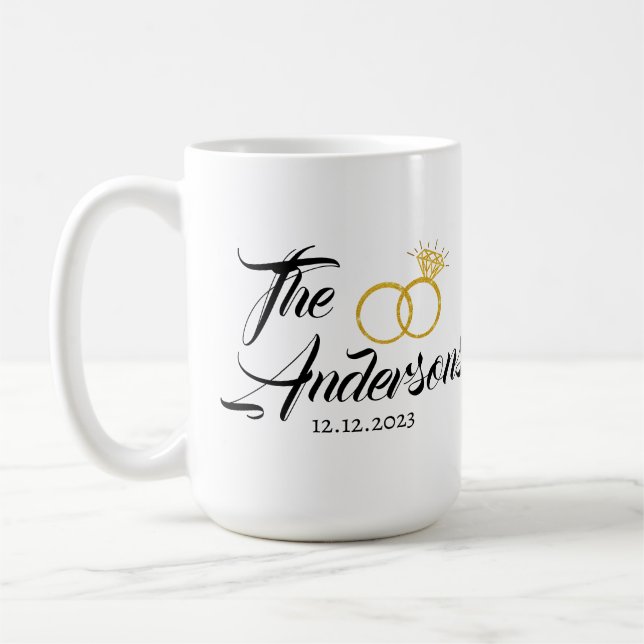 Personalised Wedding Couple Ring Favour Name Date Coffee Mug (Left)