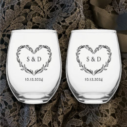 Personalised Wedding Couple's Monogram Heart Stemless Wine Glass