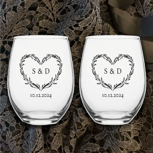 Personalised Wedding Couple's Monogram Heart  Stemless Wine Glass (Couples monogram keepsake glasses. Hand drawn heart, modern custom text date botanical unique gift
)
