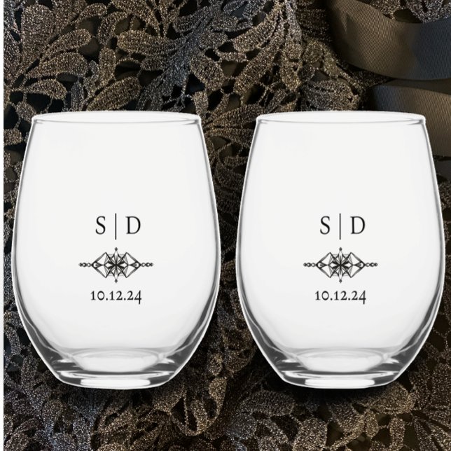 Personalised Wedding Couple's Monogram Unique Stemless Wine Glass (Stylish modern couple’s initials monogrammed wedding glasses with unique gem design gift, favor deco)