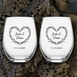 Personalised Wedding Couple's Name & Date Heart Stemless Wine Glass