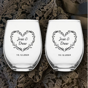 Personalised Wedding Couple's Name & Date Heart Stemless Wine Glass