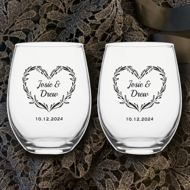 Personalised Wedding Couple's Name & Date Heart   Stemless Wine Glass (Add couple’s names and celebration date for unique personalized romantic heart stemless wine glasses)