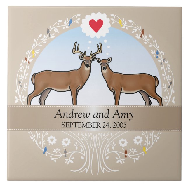 Personalised Wedding Date Anniversary, Buck & Doe Ceramic Tile (Front)