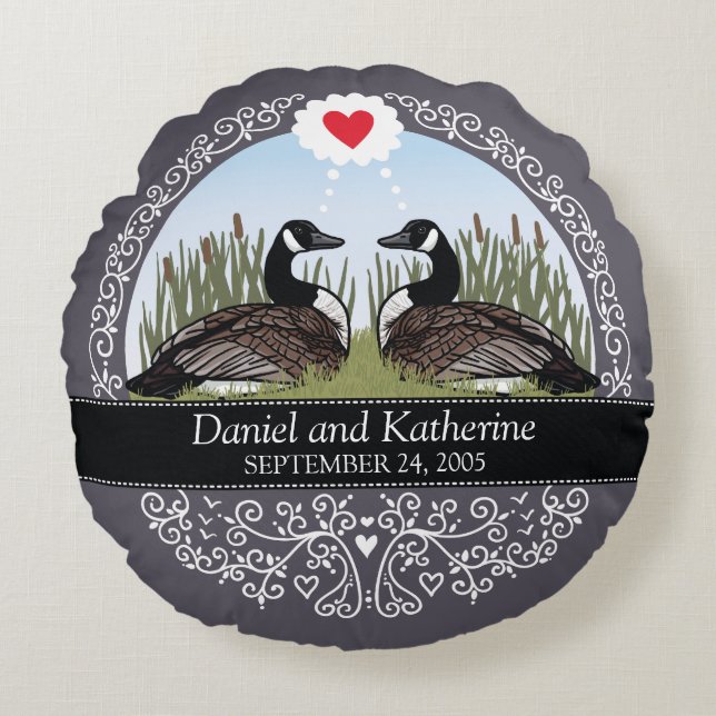 Personalised Wedding Date Anniversary, Geese Round Cushion (Front)