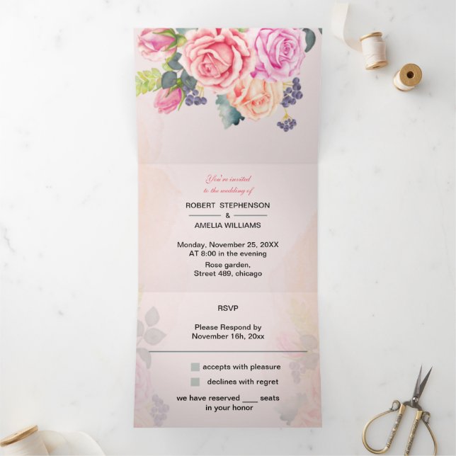 Personalised Wedding Elegant Rose Flower Tri-Fold Invitation (Inside)
