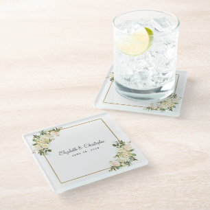 Personalised Wedding   Elegant White Rose Floral Glass Coaster