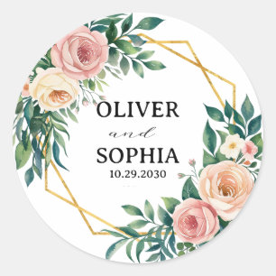 Personalised Wedding Favour Floral Gold Wreath Classic Round Sticker