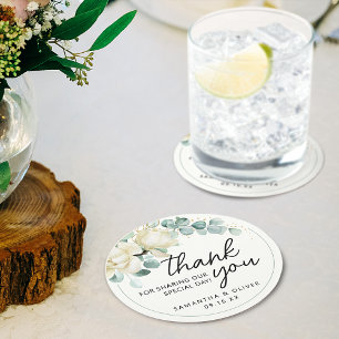 Personalised Wedding Favour Magnolia Eucalyptus Round Paper Coaster