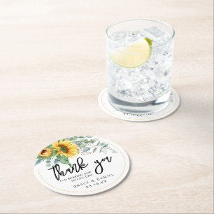 Personalised Wedding Favour Sunflower Greenery Round Paper Coaster