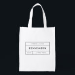 Personalised Wedding Gift for Bride or Groom Reusable Grocery Bag<br><div class="desc">This customisable tote is perfect for the bride or groom who has everything. With a minimal black & white design and personalised details of their wedding, every couple could use a reusable tote bag to store gifts and accessories year-round. If you're looking for a unique engagement or anniversary gift, this...</div>