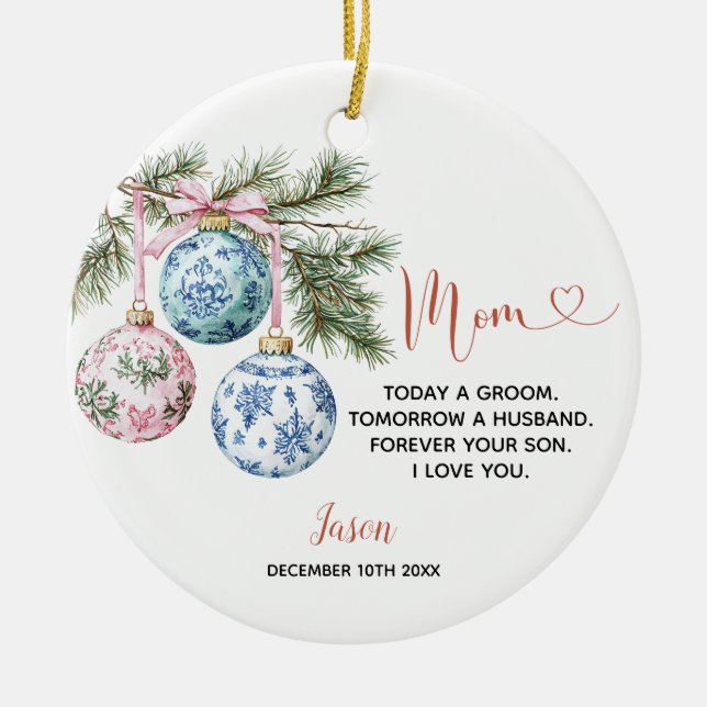 Personalised Wedding Gift Mum of Groom Christmas Ceramic Ornament (Front)