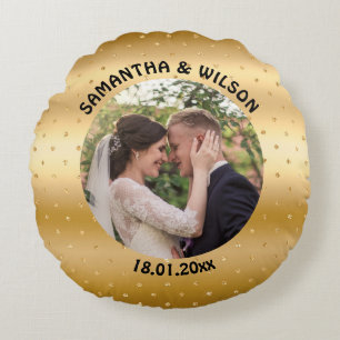  Personalised Wedding   Glittery Gold Background Round Cushion