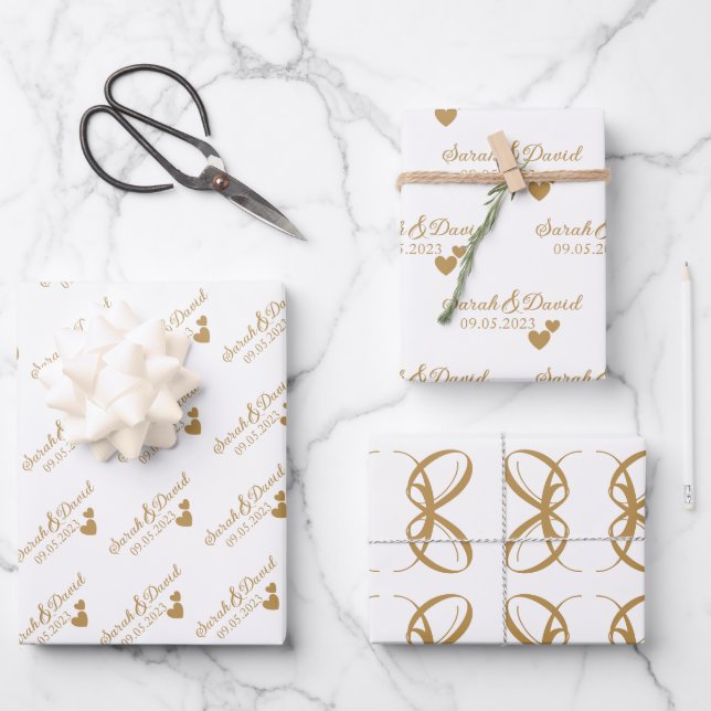 Personalised Wedding Gold Hearts Wrapping Paper Sheet (Front)