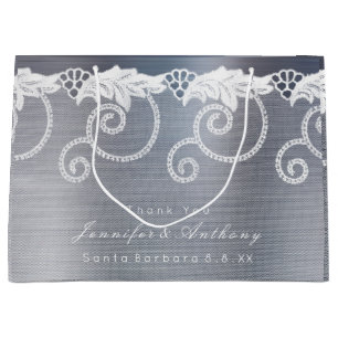 Personalised Wedding Grey Graphite White Lace Large Gift Bag