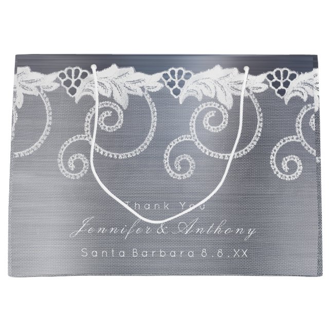 Personalised Wedding Grey Graphite White Lace Large Gift Bag (Front)