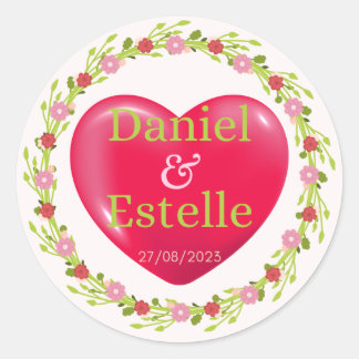Personalised Wedding Heart Sticker with Floral Wre