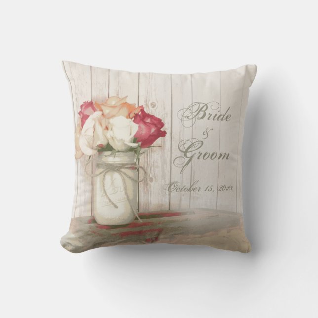Personalised Wedding Mason Jar Roses Throw Pillow (Front)