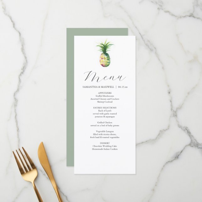 Personalised Wedding Menu Cards Tropical Pineapple (Front/Back In Situ)