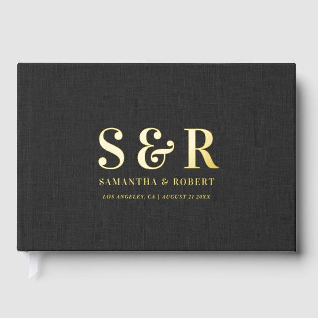 Personalised Wedding Monogram Black Linen Guest Book (Front)