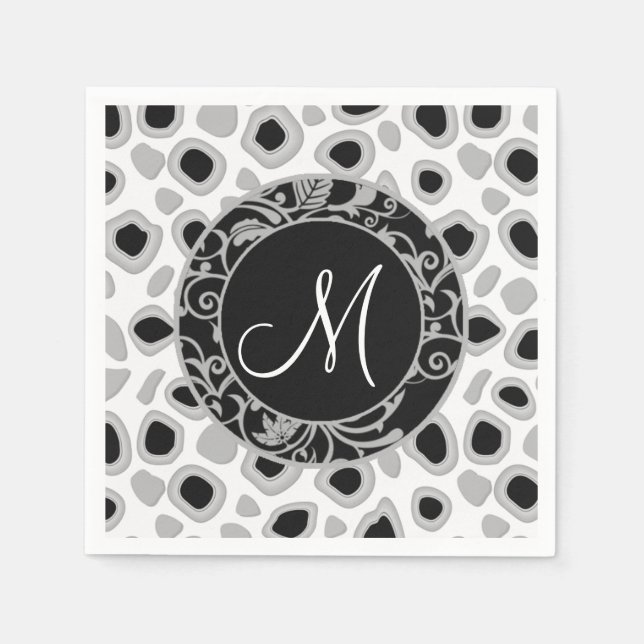Personalised Wedding Monogram Black White Grey Napkin (Front)
