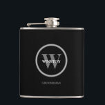 Personalised Wedding Monogram Groomsmen Hip Flask<br><div class="desc">Personalised this flask with the monogram and name for the groomsmen. Black and white,  classic,  simple and modern with an area to include the bride and groom's names and wedding date on the back. Easy to personalise and customise. Elegant black background.</div>