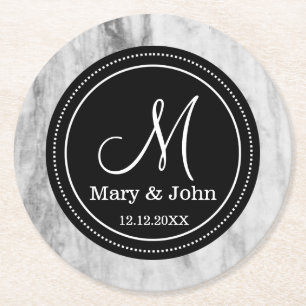 Personalised Wedding Monogram Marble Pattern Round Paper Coaster