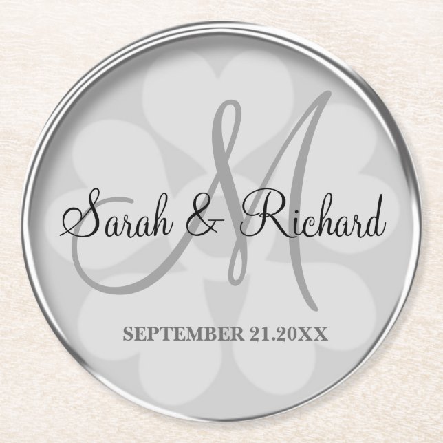 Personalised Wedding Monogram Stylish Silver Round Paper Coaster (Front)