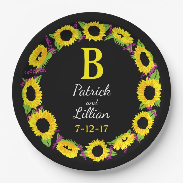Personalised Wedding Monogram Sunflower Wreath Paper Plate (Front)