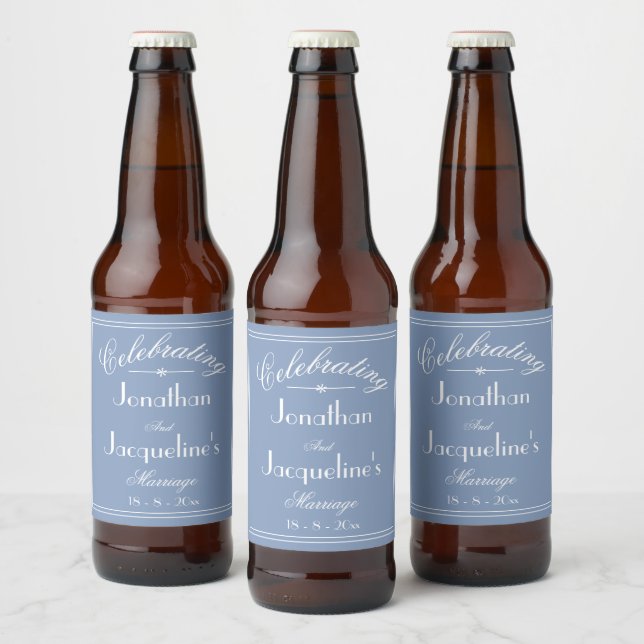 Personalised Wedding Names Chic Dusty Blue  Beer Bottle Label (Bottles)