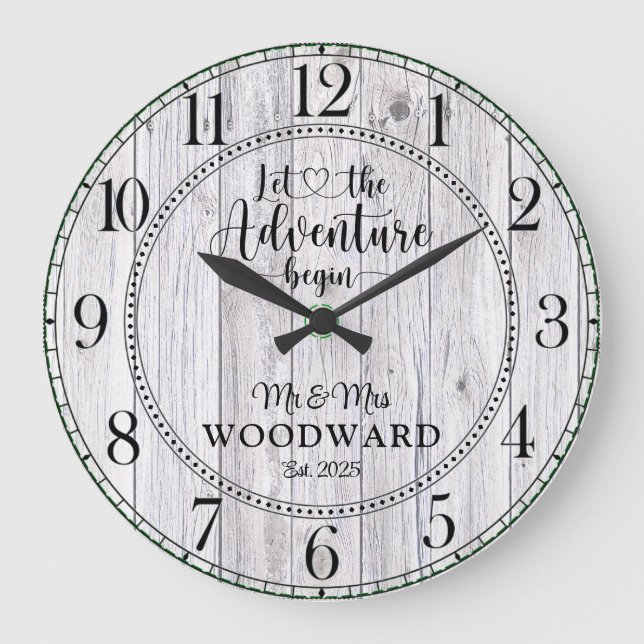 Personalised Wedding Newlyweds Adventure Begins Large Clock (Front)