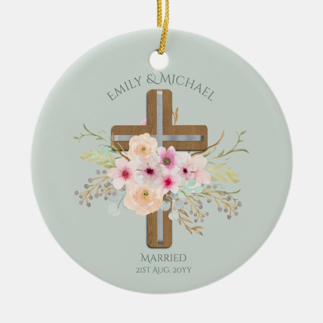 Personalised Wedding or Anniversary Floral Cross Ceramic Ornament (Front)